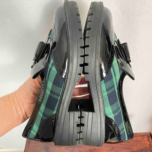 TU Sole Comfort Green and Blue Plaid Patent Loafers with Tassels Women UK Size 4 - Picture 6 of 13